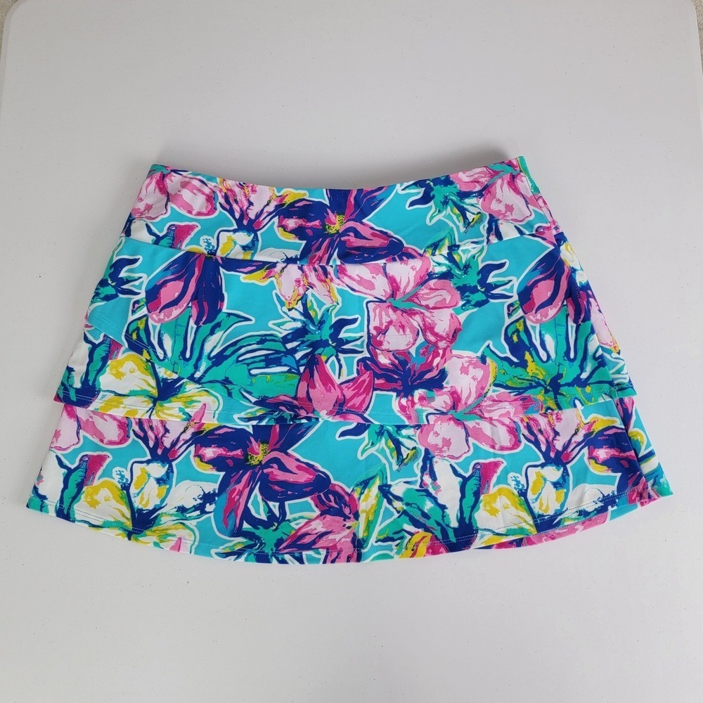 Aryeh Women's XL Blue Floral Tiered Ruffle Skort Athletic Tennis Golf Pickleball - Picture 3 of 11